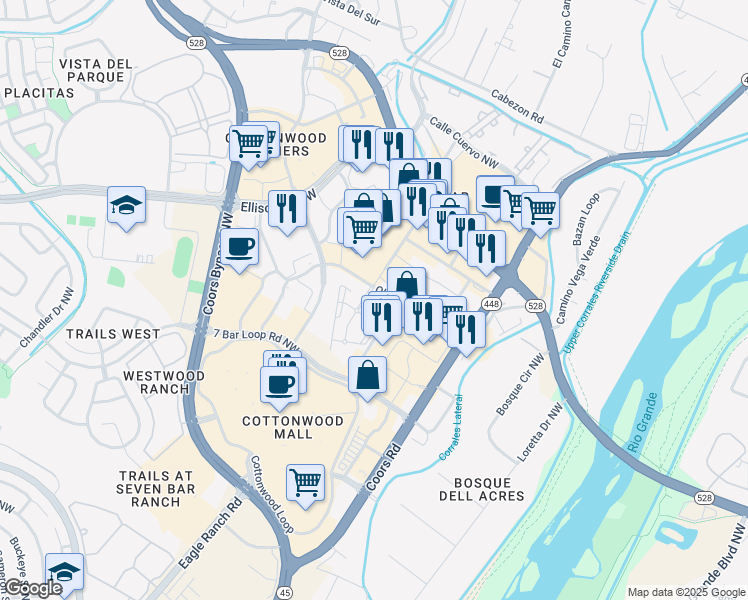 map of restaurants, bars, coffee shops, grocery stores, and more near 3550 Old Airport Road Northwest in Albuquerque