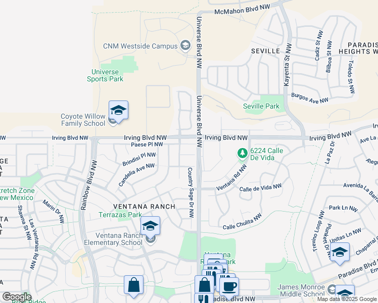 map of restaurants, bars, coffee shops, grocery stores, and more near 99999 Country Hills Court Northwest in Albuquerque