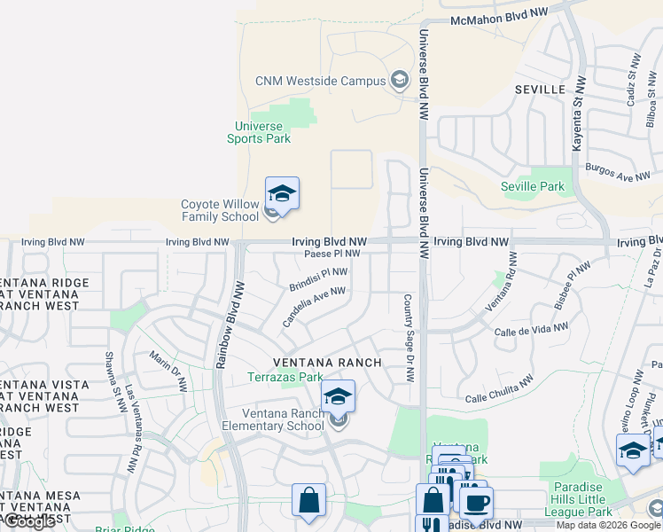 map of restaurants, bars, coffee shops, grocery stores, and more near 6901 Brindisi Place in Albuquerque