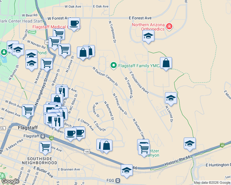 map of restaurants, bars, coffee shops, grocery stores, and more near 788 North Forest View Drive in Flagstaff