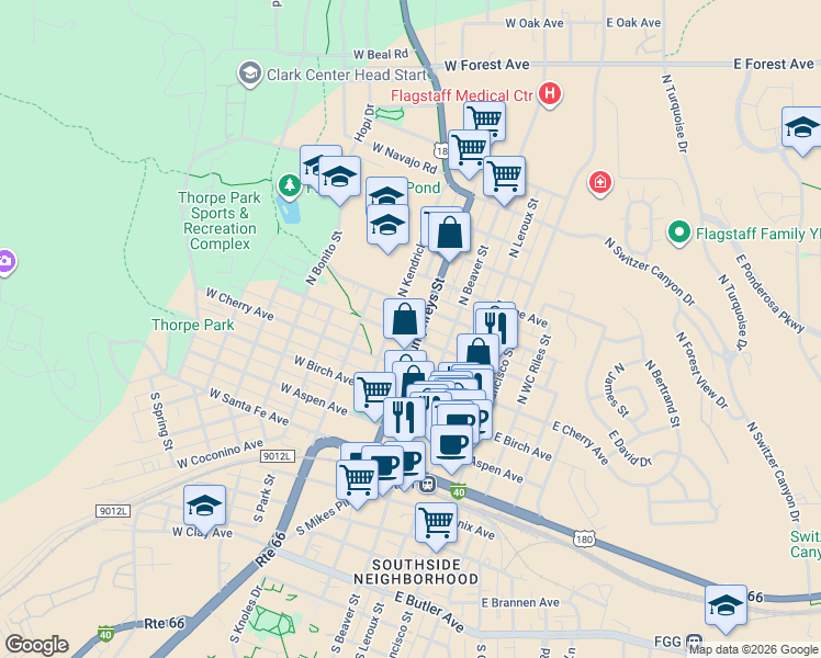 map of restaurants, bars, coffee shops, grocery stores, and more near 150 West Dale Avenue in Flagstaff