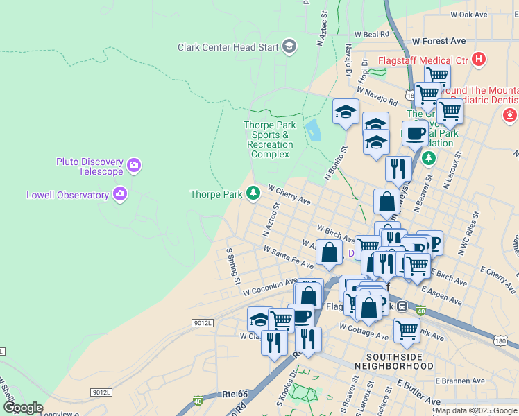 map of restaurants, bars, coffee shops, grocery stores, and more near 824 West Aspen Avenue in Flagstaff
