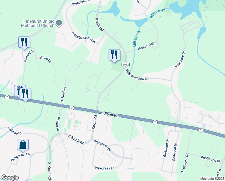 map of restaurants, bars, coffee shops, grocery stores, and more near 309 Magnolia Circle in Southern Pines