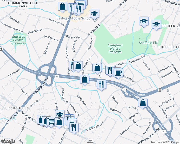 map of restaurants, bars, coffee shops, grocery stores, and more near 3701 East Independence Boulevard in Charlotte