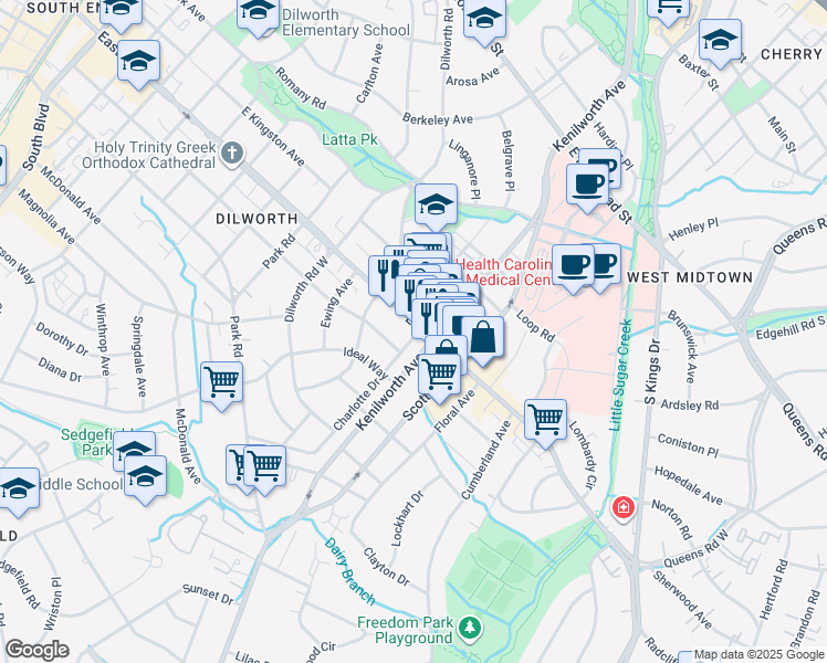 map of restaurants, bars, coffee shops, grocery stores, and more near 1246 East Boulevard in Charlotte