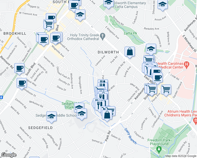 map of restaurants, bars, coffee shops, grocery stores, and more near 2117 Kirkwood Avenue in Charlotte