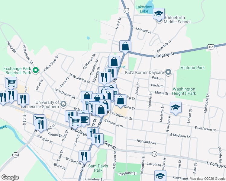 map of restaurants, bars, coffee shops, grocery stores, and more near 315 North 2nd Street in Pulaski