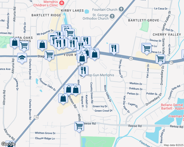 map of restaurants, bars, coffee shops, grocery stores, and more near 2790 Whitten Road in Memphis