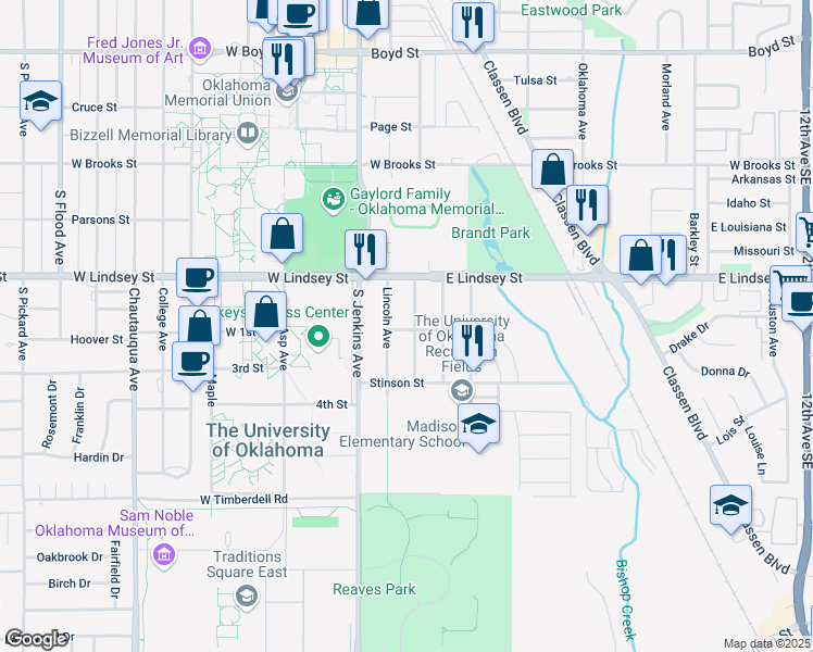 map of restaurants, bars, coffee shops, grocery stores, and more near 1401 Lincoln Avenue in Norman