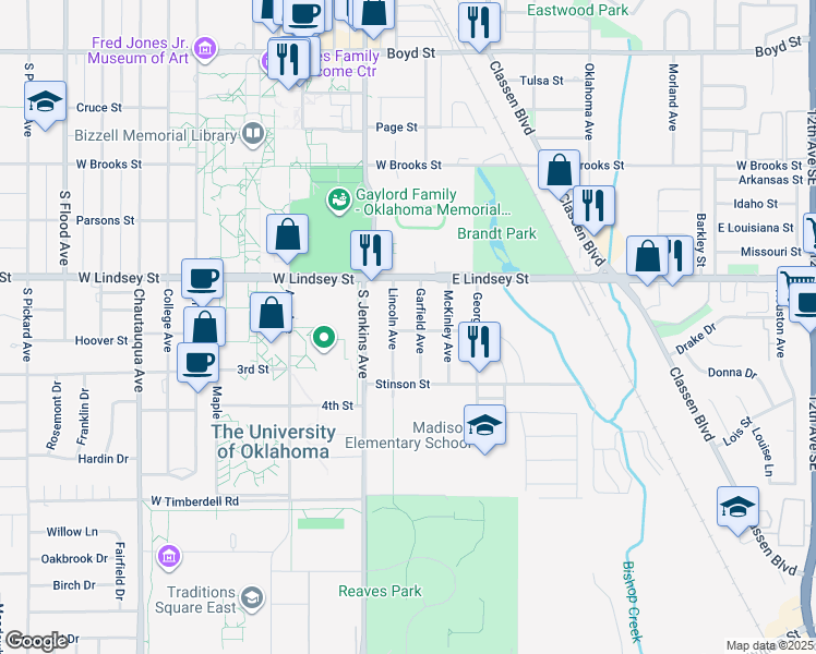 map of restaurants, bars, coffee shops, grocery stores, and more near 1401 Lincoln Avenue in Norman