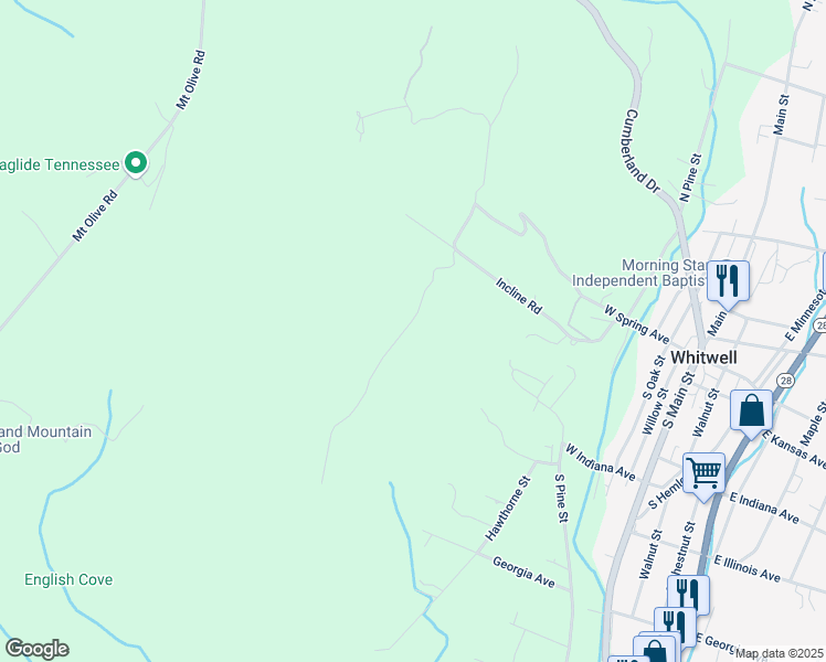 map of restaurants, bars, coffee shops, grocery stores, and more near 329 Mountain View Drive in Whitwell