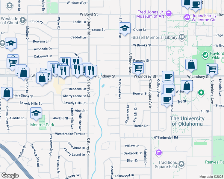 map of restaurants, bars, coffee shops, grocery stores, and more near 1007 Greenway Circle in Norman