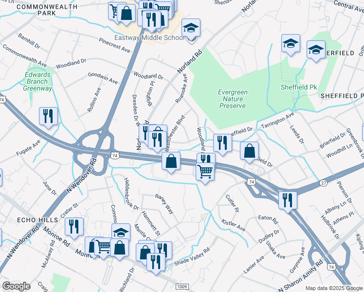 map of restaurants, bars, coffee shops, grocery stores, and more near 3701 East Independence Boulevard in Charlotte