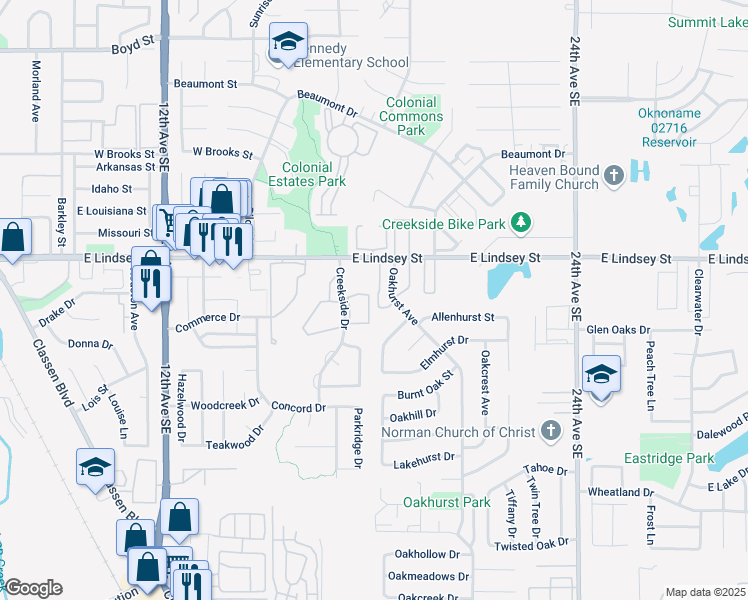 map of restaurants, bars, coffee shops, grocery stores, and more near 1818 East Lindsey Street in Norman