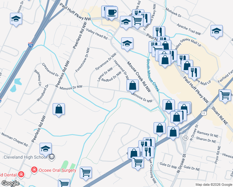 map of restaurants, bars, coffee shops, grocery stores, and more near 685 Mimosa Dr NW in Cleveland