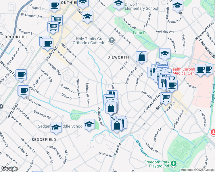 map of restaurants, bars, coffee shops, grocery stores, and more near 2117 Kirkwood Avenue in Charlotte