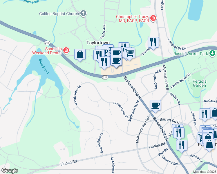 map of restaurants, bars, coffee shops, grocery stores, and more near 123 Harlow Road in Pinehurst