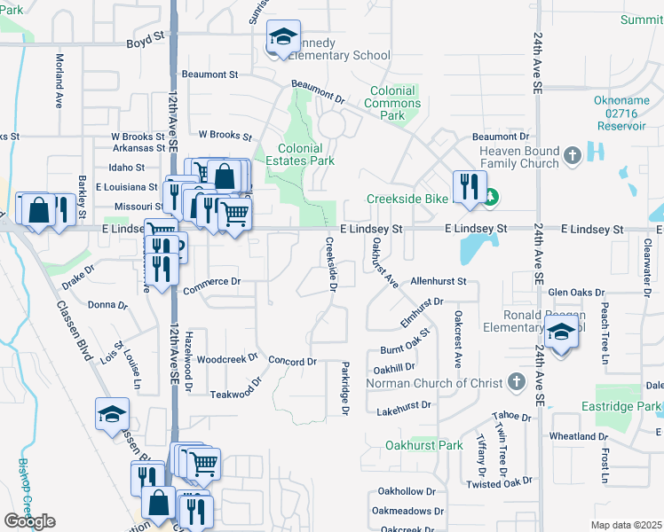 map of restaurants, bars, coffee shops, grocery stores, and more near 1320 Creekside Drive in Norman