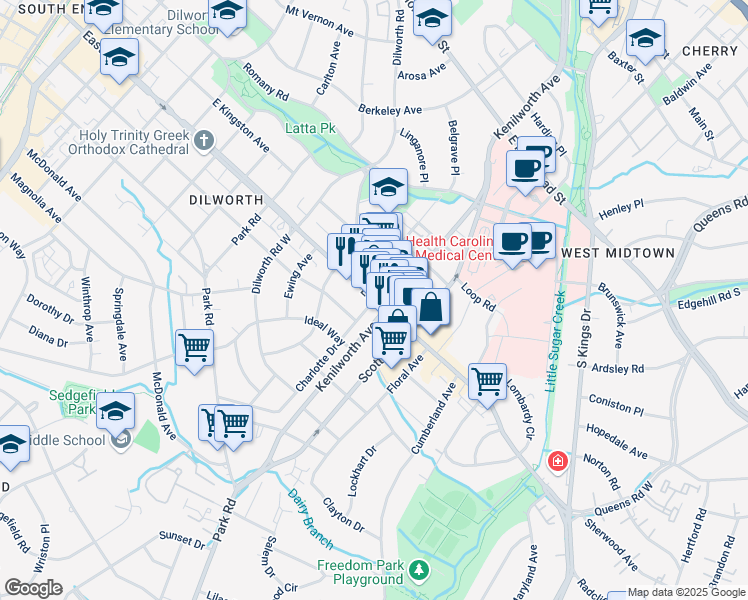 map of restaurants, bars, coffee shops, grocery stores, and more near 1100 Charlotte Drive in Charlotte