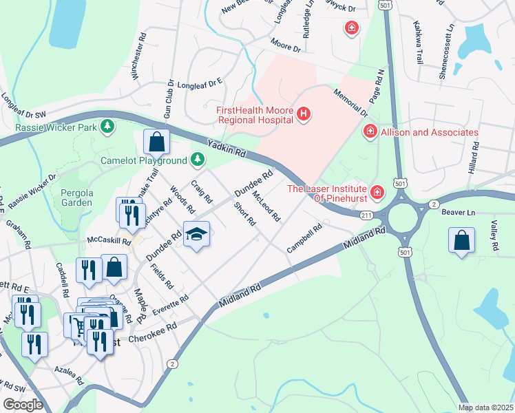 map of restaurants, bars, coffee shops, grocery stores, and more near 45 McLeod Road in Pinehurst
