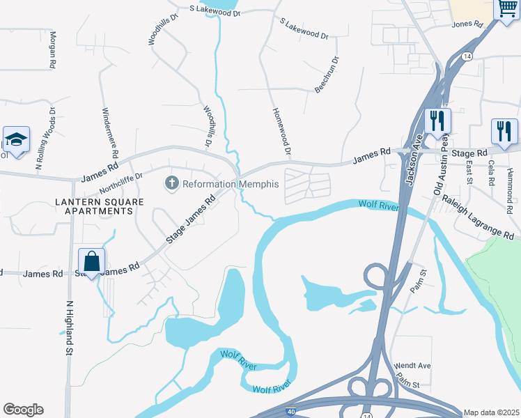 map of restaurants, bars, coffee shops, grocery stores, and more near 3891 James Road in Memphis