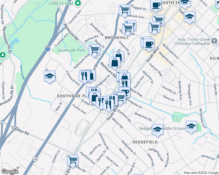 map of restaurants, bars, coffee shops, grocery stores, and more near 131 Poindexter Drive in Charlotte