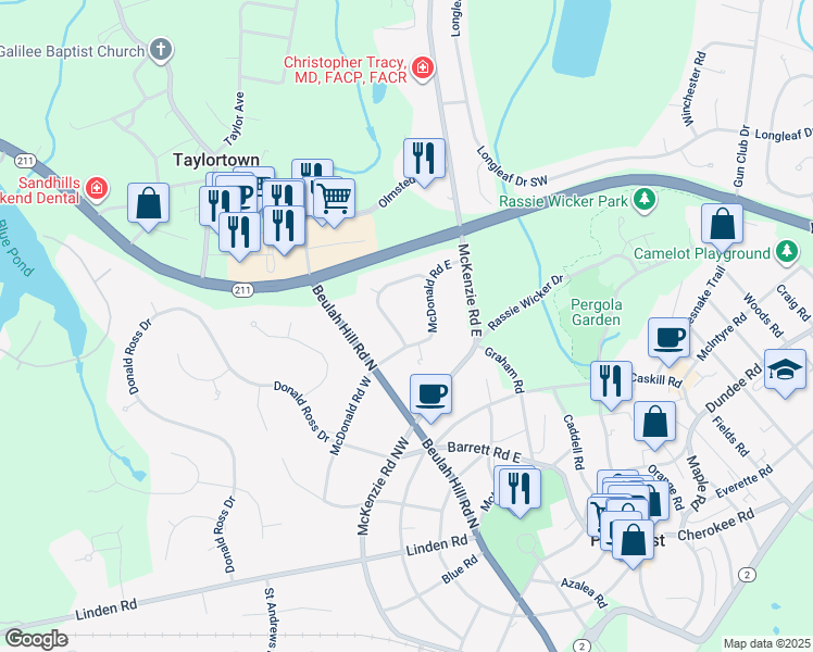 map of restaurants, bars, coffee shops, grocery stores, and more near 10 McQueen Road in Pinehurst