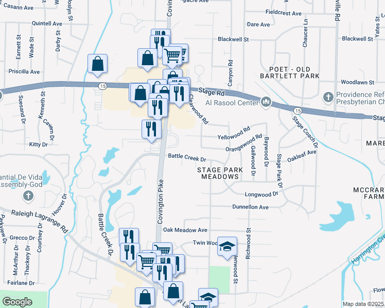 map of restaurants, bars, coffee shops, grocery stores, and more near 5126 Battle Creek Drive in Memphis