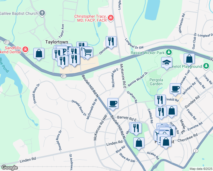 map of restaurants, bars, coffee shops, grocery stores, and more near 10 McQueen Road in Pinehurst