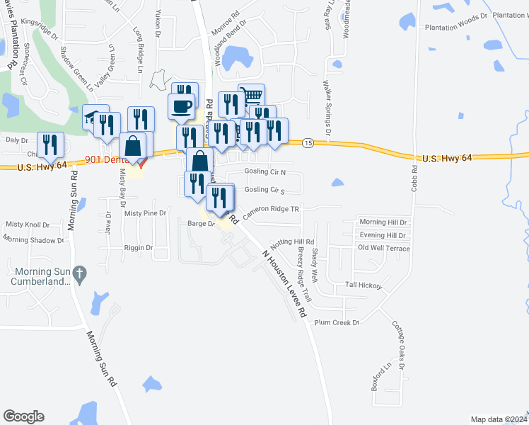 map of restaurants, bars, coffee shops, grocery stores, and more near 10003 Cameron Ridge TR in Memphis
