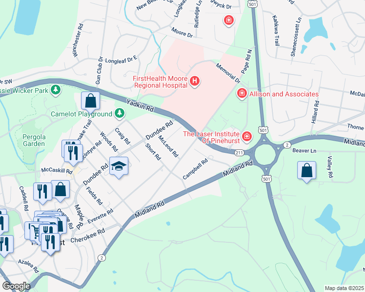 map of restaurants, bars, coffee shops, grocery stores, and more near 165 Page Road in Pinehurst