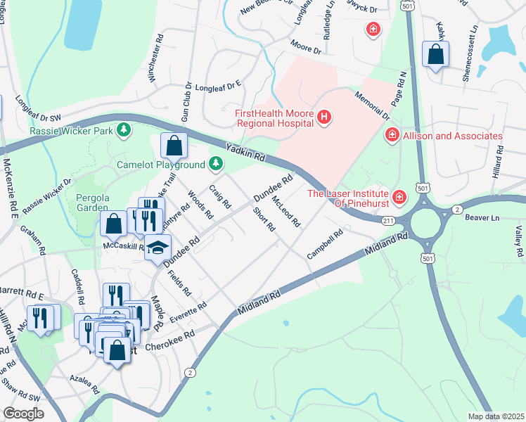 map of restaurants, bars, coffee shops, grocery stores, and more near 120 Short Road in Pinehurst
