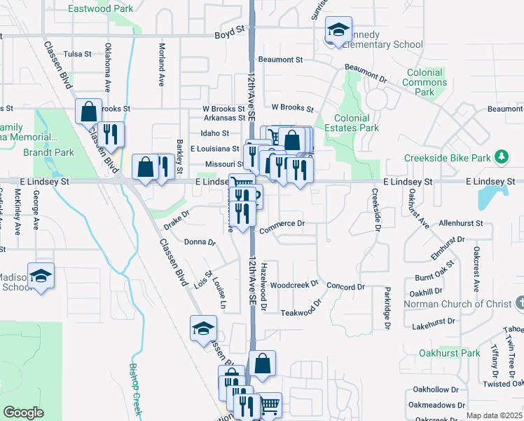 map of restaurants, bars, coffee shops, grocery stores, and more near 1375 12th Avenue Southeast in Norman
