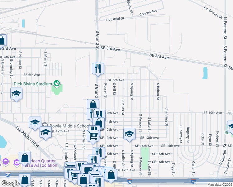 map of restaurants, bars, coffee shops, grocery stores, and more near 800 South Hill Street in Amarillo