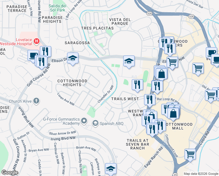 map of restaurants, bars, coffee shops, grocery stores, and more near 10427 Chandler Drive in Albuquerque