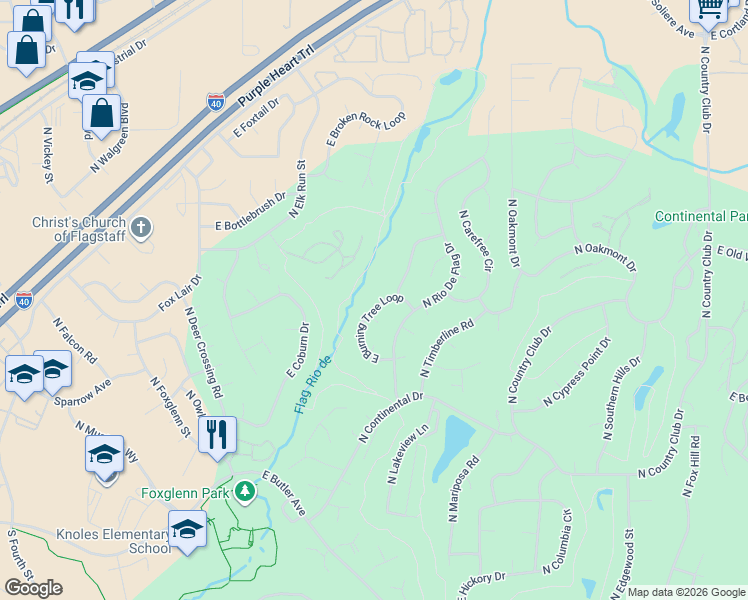 map of restaurants, bars, coffee shops, grocery stores, and more near 4387 East Burning Tree Loop in Flagstaff