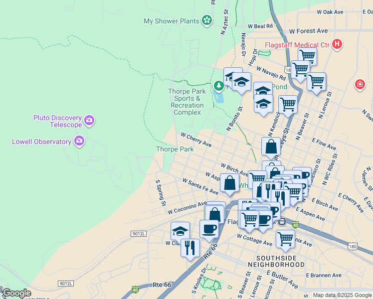 map of restaurants, bars, coffee shops, grocery stores, and more near 116 North Aztec Street in Flagstaff