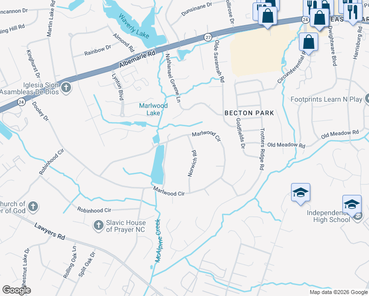 map of restaurants, bars, coffee shops, grocery stores, and more near 1000-1098 Norwich Road in Charlotte