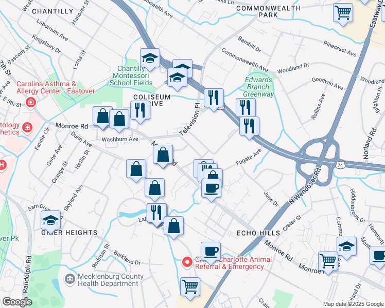 map of restaurants, bars, coffee shops, grocery stores, and more near 621 Chipley Avenue in Charlotte
