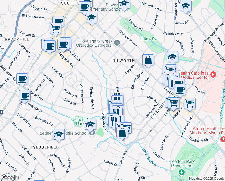 map of restaurants, bars, coffee shops, grocery stores, and more near 2117 Kirkwood Avenue in Charlotte