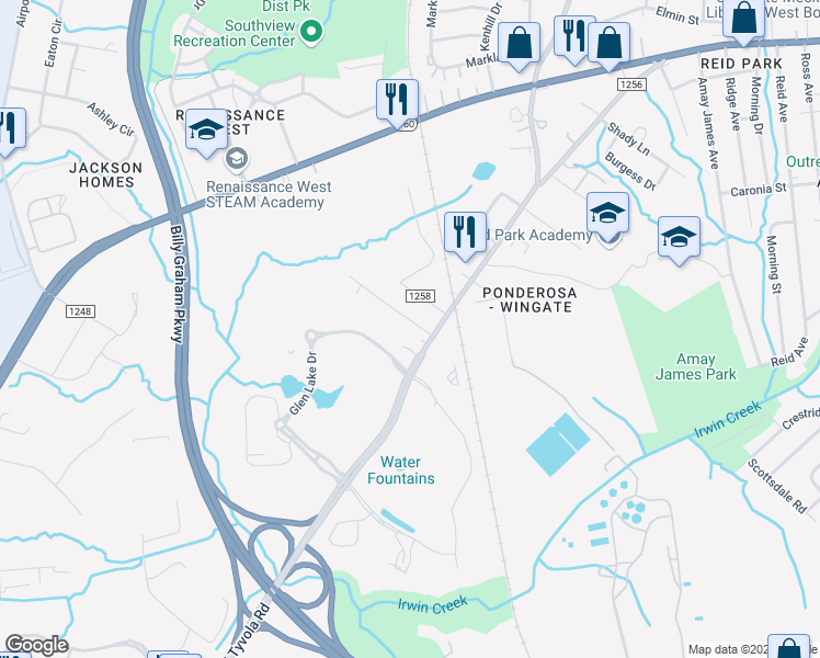 map of restaurants, bars, coffee shops, grocery stores, and more near 3900 West Tyvola Road in Charlotte