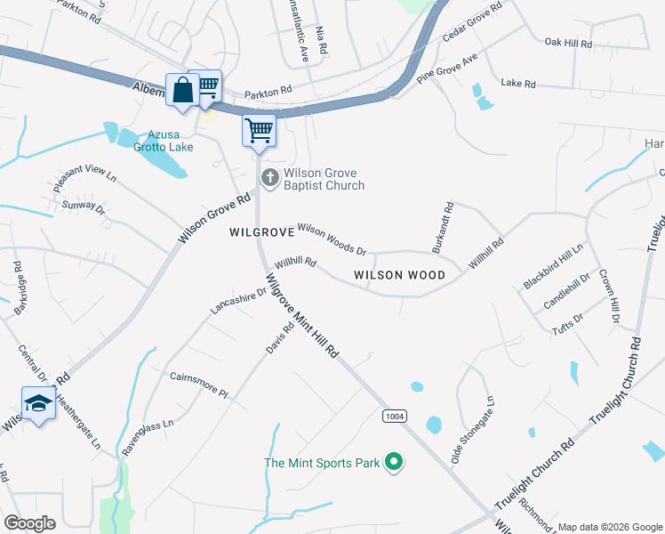 map of restaurants, bars, coffee shops, grocery stores, and more near 8057 Willhill Road in Mint Hill