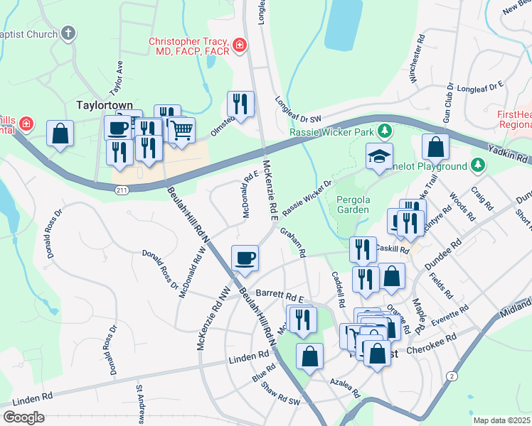 map of restaurants, bars, coffee shops, grocery stores, and more near 105 McKenzie Road East in Pinehurst