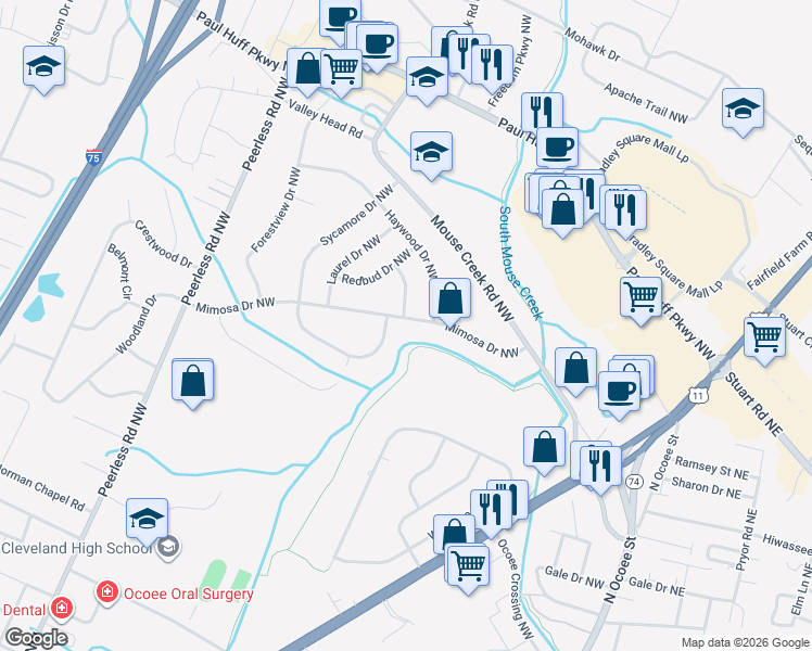 map of restaurants, bars, coffee shops, grocery stores, and more near 685 Mimosa Drive Northwest in Cleveland