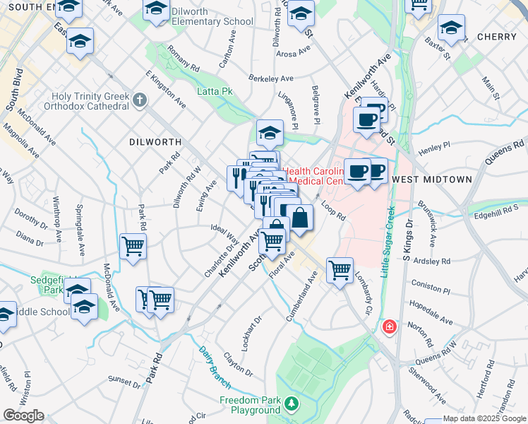 map of restaurants, bars, coffee shops, grocery stores, and more near 1246 East Boulevard in Charlotte
