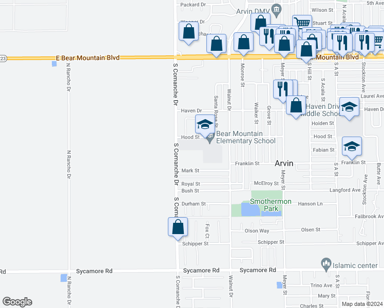 map of restaurants, bars, coffee shops, grocery stores, and more near 668 Comanche Drive in Arvin