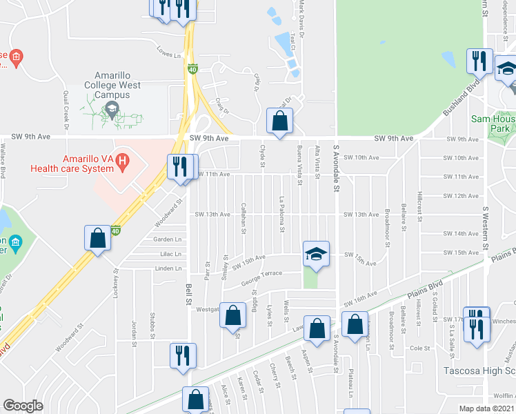 map of restaurants, bars, coffee shops, grocery stores, and more near 1116 Clyde Street in Amarillo