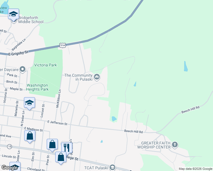 map of restaurants, bars, coffee shops, grocery stores, and more near 365 Glendale Drive in Pulaski