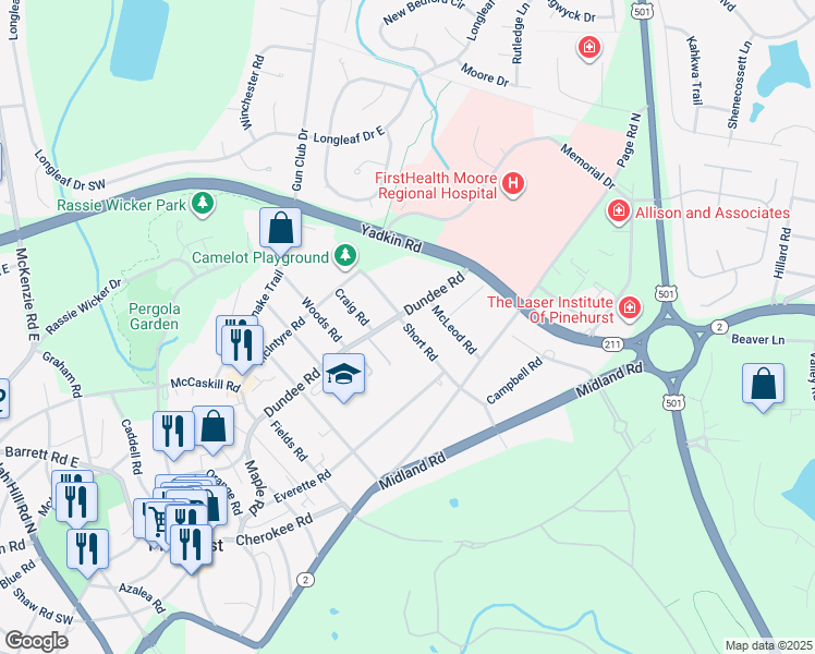 map of restaurants, bars, coffee shops, grocery stores, and more near 122 Short Road in Pinehurst