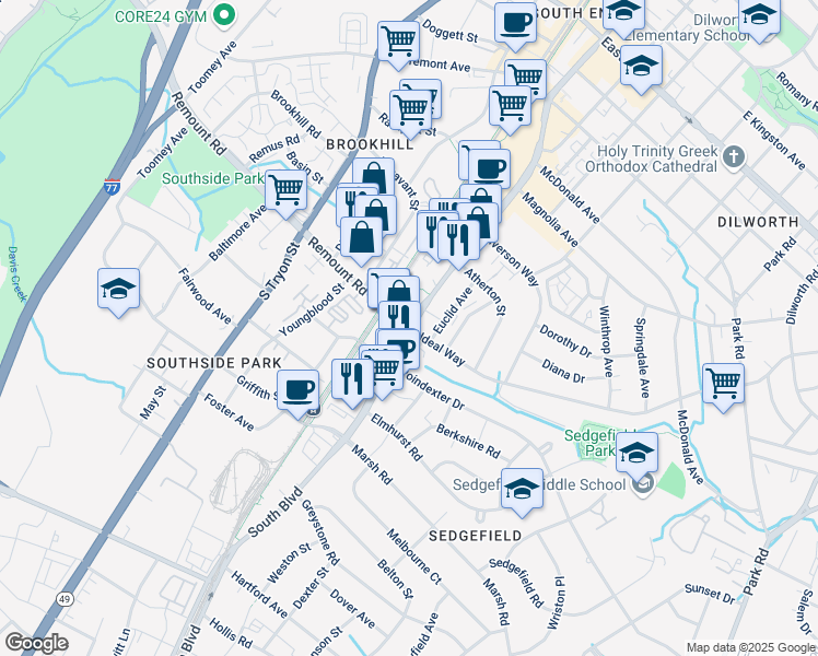 map of restaurants, bars, coffee shops, grocery stores, and more near South Blvd & Ideal Way in Charlotte